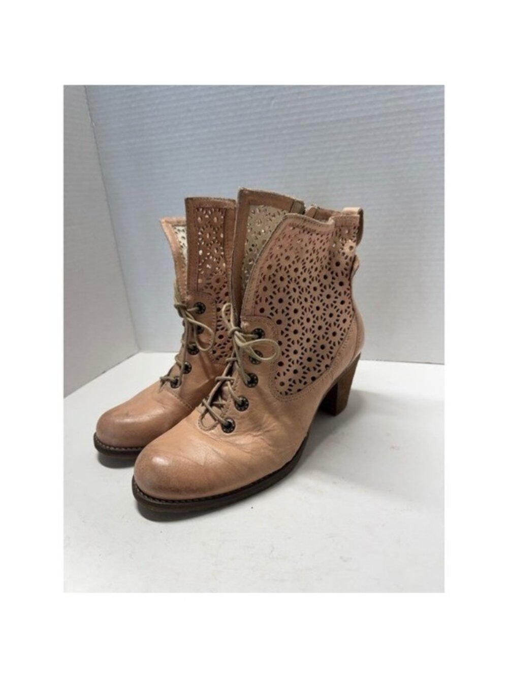 Dromedaris Tan Leather Lace Up Ankle Boots Side Zip Portugal Size 39 8.5